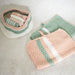 Knitting pattern for storage tub, hand towel, and face washers featuring moss and rib stitches in complementary colors.