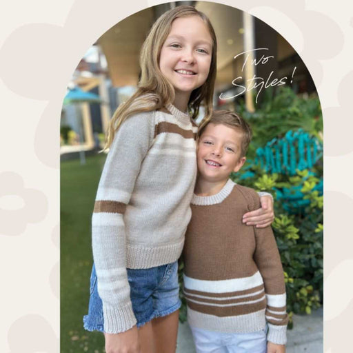Striped sweater knitting pattern for kids with two style options using Crucci Crepe DK yarn.