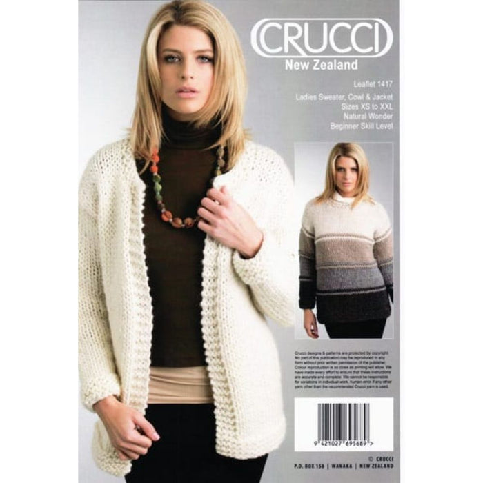 Sweater, cowl, and jacket knitting pattern by Crucci in Natural Wonder 18ply, featuring beginner-friendly designs.