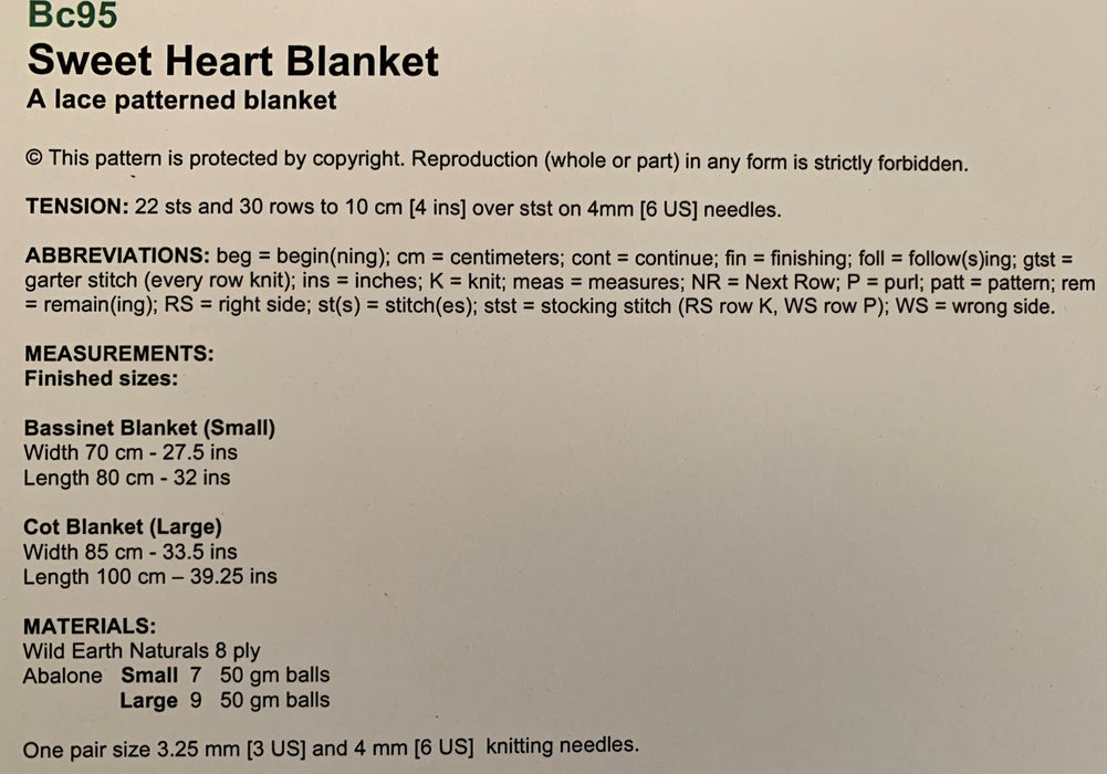 Sweet Heart Blanket Knitting Pattern- 8Ply (BC95)-Pattern-Wild and Woolly Yarns