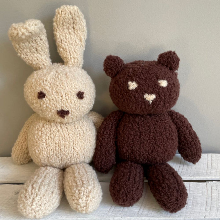 Teddy and rabbit knitted toys in Alpaca Yarns Cloud with textured finish.