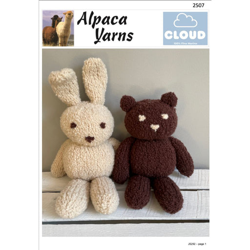 Teddy and rabbit knitting pattern in Alpaca Yarns Cloud, featuring handmade stuffed toys.