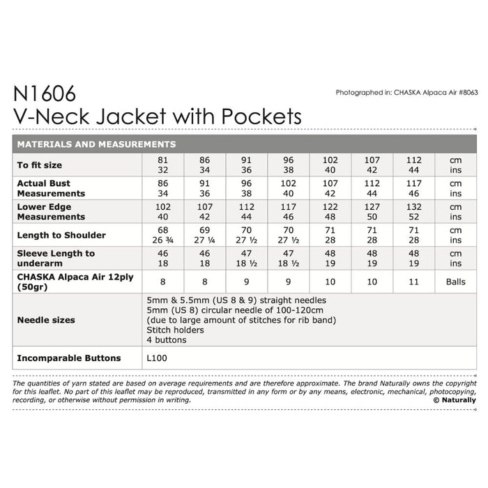 V-Neck Jacket with Pockets (N1606) - 12Ply-Pattern-Wild and Woolly Yarns