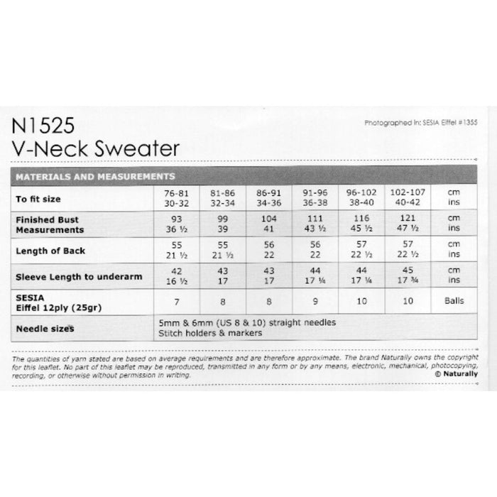 V-Neck Sweater Knitting Pattern (N1525)-Pattern-Wild and Woolly Yarns