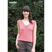 V-Neck Top Knitting Pattern N1464 featuring a woman wearing a pink knitted top with ribbed edges.