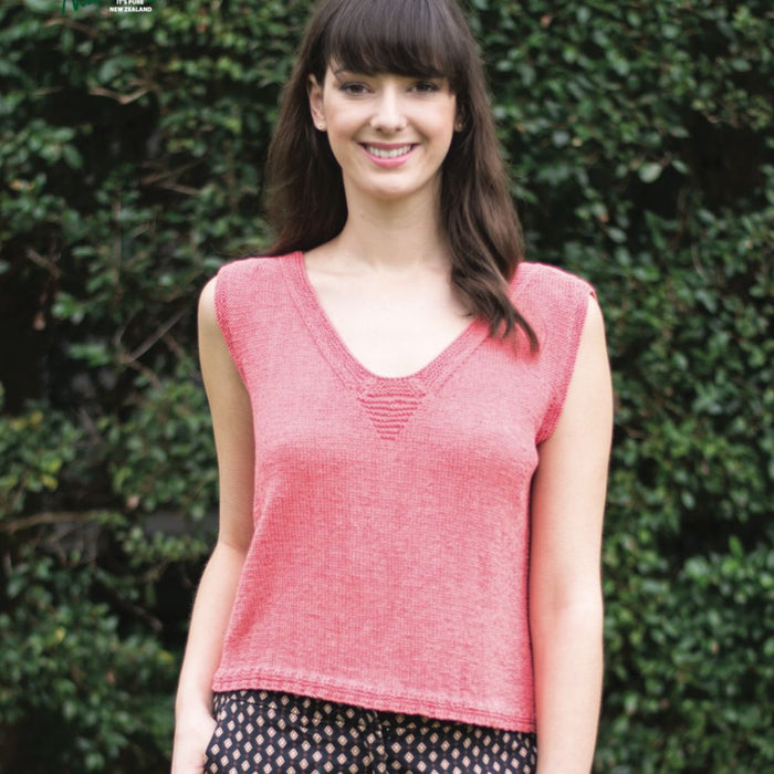 V-neck top knitting pattern with ribbed edges, designed by Naturally Yarns.