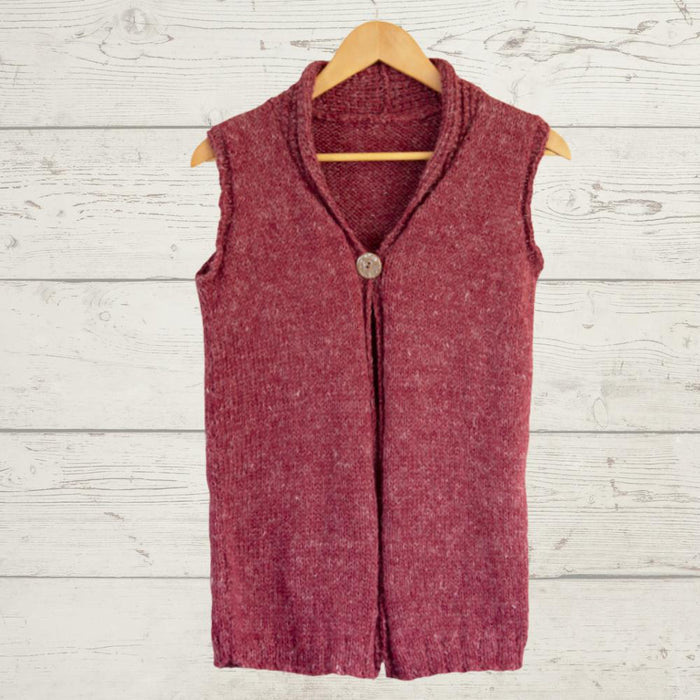 Vest knitting pattern, classic sleeveless design with deep V-neck and ribbed details, knitted in soft Moro 12ply yarn.