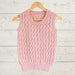 Vest with all-over lace knitting pattern in pink, featuring ribbed edges and scoop neckline on hanger.