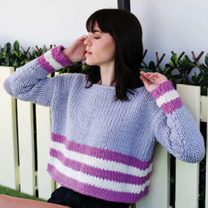 Cropped striped sweater knitting pattern in purple and white, easy skill level, sizes S-XL.