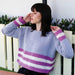 Cropped striped sweater knitting pattern in purple and white, easy skill level, sizes S-XL.