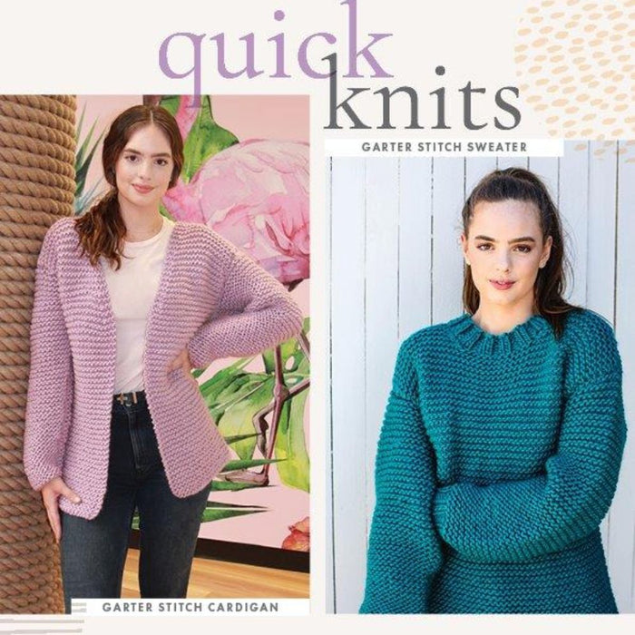 Women's sweater and cardigan knitting pattern display, featuring garter stitch designs, suitable for sizes S-XL using Crucci Natural Wonder Artisan wool.