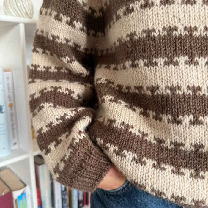 Striped junior sweater with ribbed edges by PetiteKnit, displaying brown and beige colorwork.