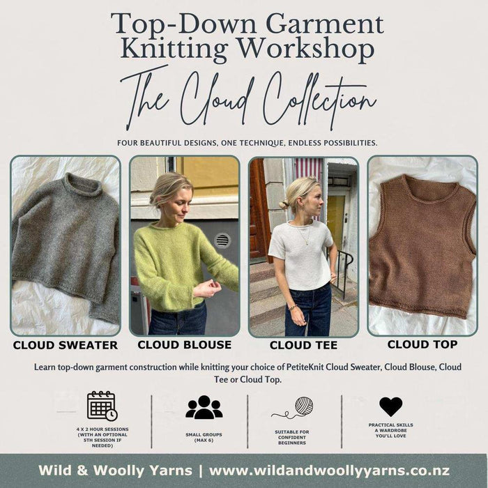 Top-Down Garment Knitting Workshop – The Cloud Collection-Workshop-Wild & Woolly Yarns-Wednesday Group – 11:00am–1:00 pm-Wild & Woolly Yarns