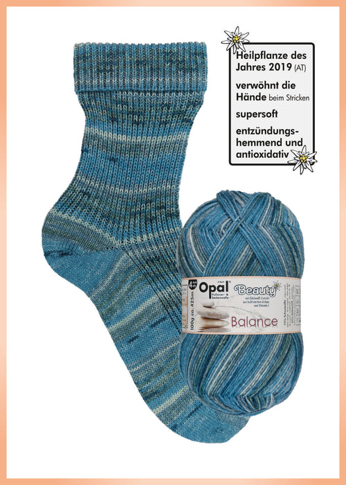 Opal Beauty Balance Sock Yarn - 4Ply in blue tones, featuring a knitted sock and skein, enriched with Edelweiss extract and Vitamin E.
