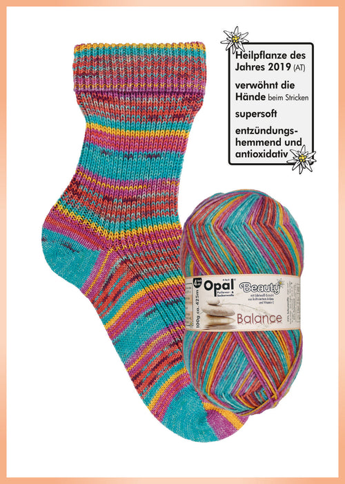 Opal Beauty Balance Sock Yarn - 4-ply, enriched with Edelweiss and Vitamin E for skin care, vibrant colors, ideal for socks and accessories.