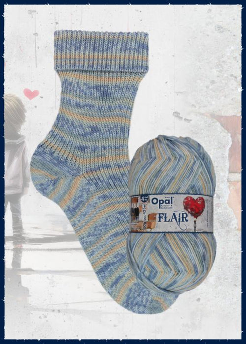 Opal Flair Sock Yarn 4Ply with self-striping pattern in blue and orange tones.