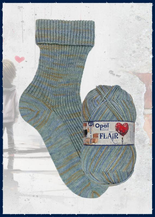 Opal Flair Sock Yarn - 4Ply showcasing self-striping blue and green sock and matching yarn skein.