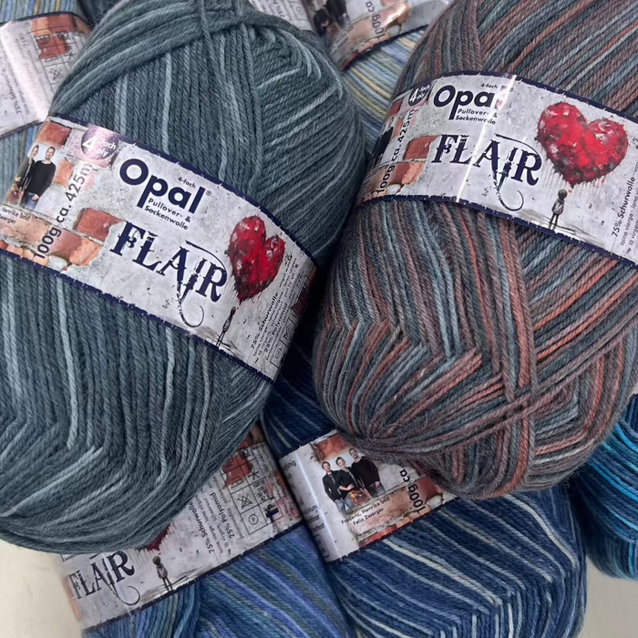 Opal Flair Sock Yarn in various self-striping colors, showcasing 4-ply blend of wool and polyamide for durable and vibrant knitting projects.