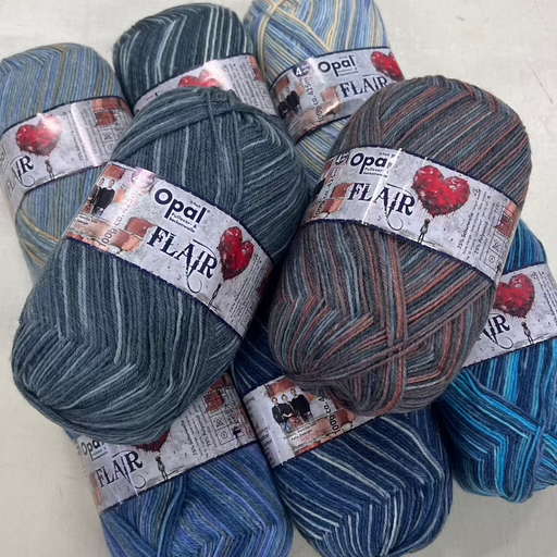 Opal Flair Sock Yarn in various vibrant self-striping colors, 4-ply, ideal for creative knitting projects.