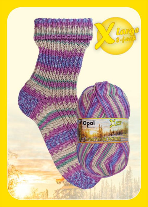 Opal Wintersonne DK 8-ply sock yarn with self-patterning colors, ideal for cozy winter projects.