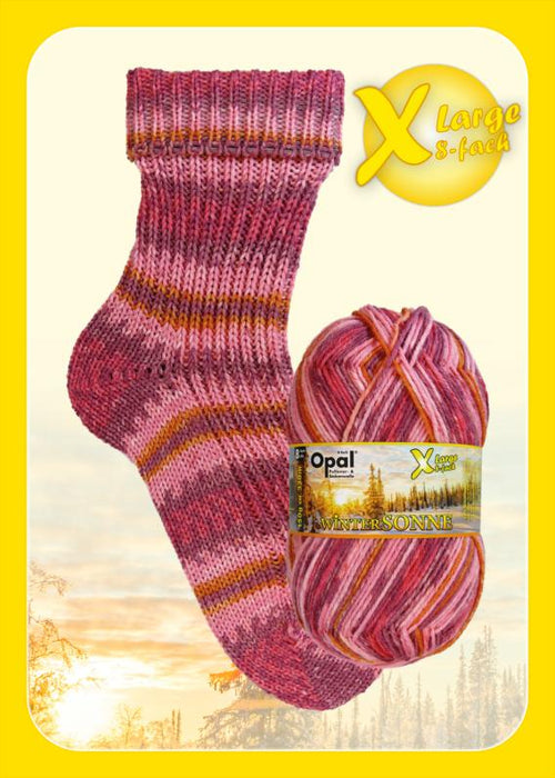 Opal Wintersonne Sock Yarn in vibrant pink and orange hues, showcasing a knitted sample sock and yarn skein. Ideal for cozy winter knitting projects.