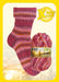 Opal Wintersonne Sock Yarn in vibrant pink and orange hues, showcasing a knitted sample sock and yarn skein. Ideal for cozy winter knitting projects.