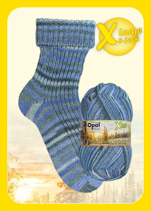 Opal Wintersonne Sock Yarn in blue shades with self-patterning design, ideal for cozy, warm winter garments.