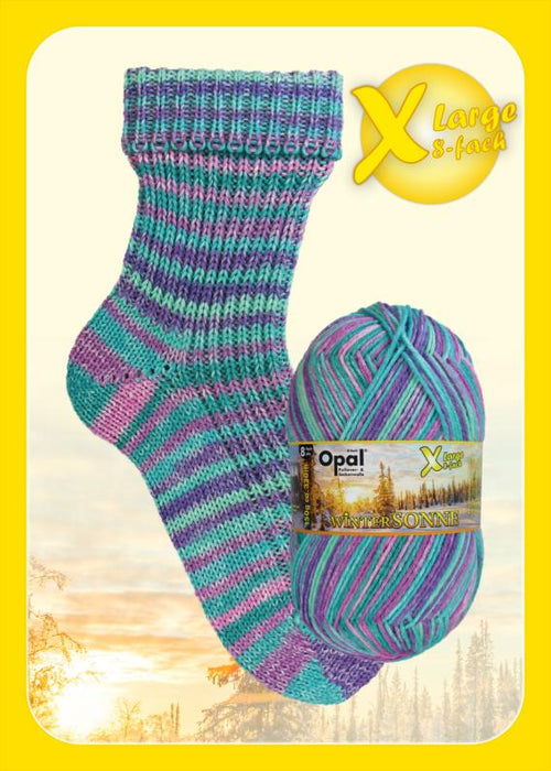 Opal Wintersonne DK Sock Yarn in a multicolored skein with matching knitted sock, 8-ply for winter projects.