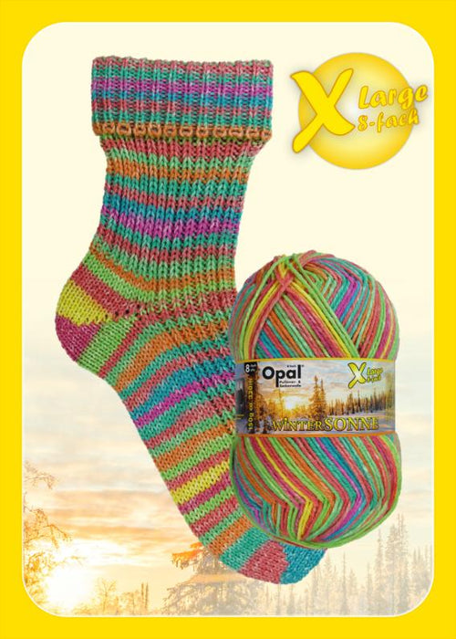 Opal Wintersonne Sock Yarn in vibrant colors with self-patterning design and cozy knitted sock sample.