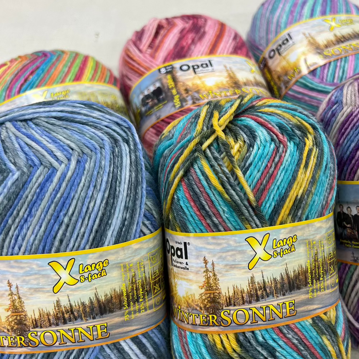 Opal Wintersonne Sock Yarn 8Ply in various colors.
