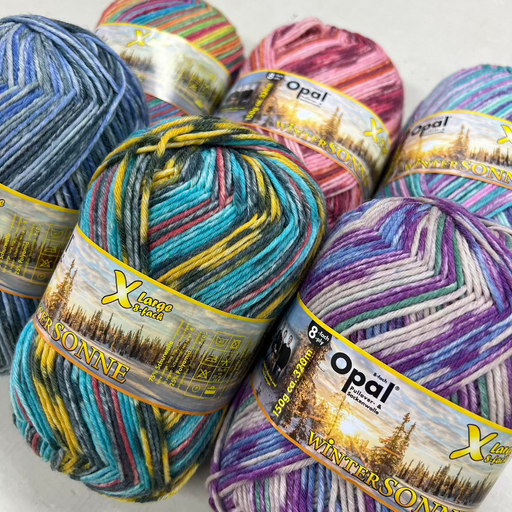 Opal Wintersonne 8Ply sock yarn in assorted vibrant colors.