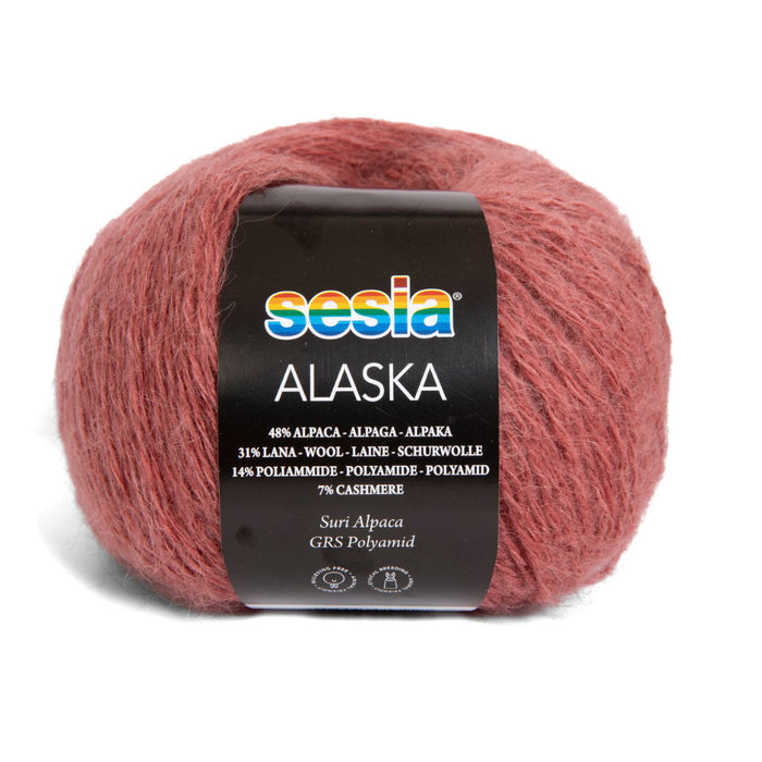 Sesia Alaska Alpaca Wool Cashmere 8ply Yarn Ball in Rose Color with Label
