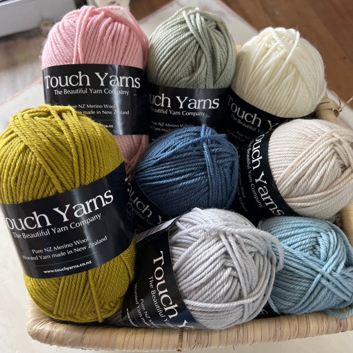 Touch Yarns NZ Merino 8Ply yarns in various colors, 100% Merino, New Zealand made.