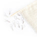 Silver cast on counting stitch markers numbered in increments of 50 with easy-to-secure melody clips, shown with a knitted white fabric and wooden knitting needle.
