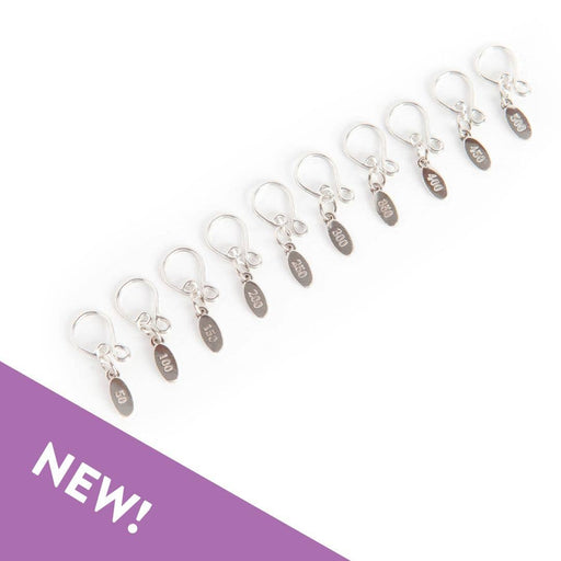 Set of silver cast-on counting stitch markers numbered 50 to 500 with easy-to-move melody clips for knitting organization and precision