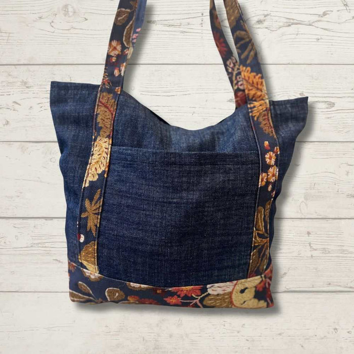 Knitting Bag - Denim With Red Flowers-needles & accessories-Wild and Woolly Yarns