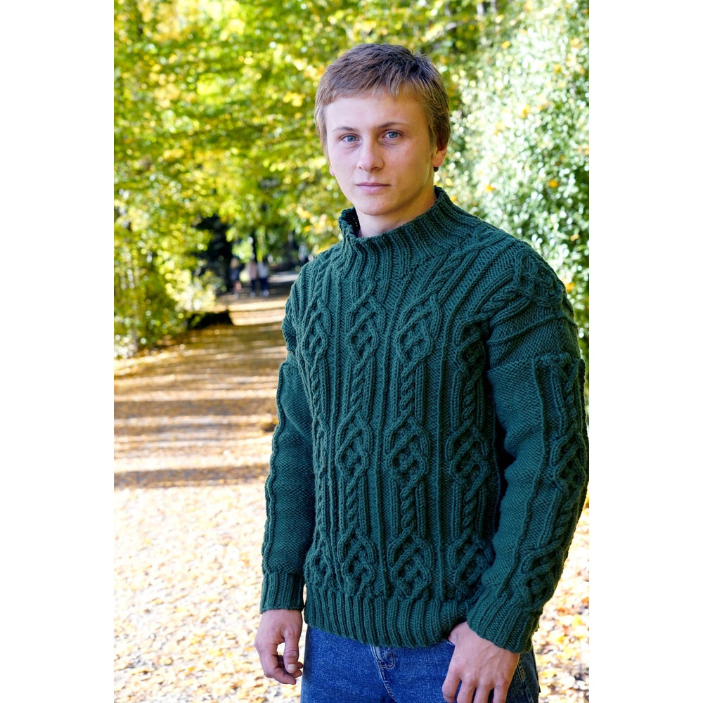 Front view of the green turtle-neck sweater and cable panels — Turtle Neck Sweater with Cable, Lisa F C610.