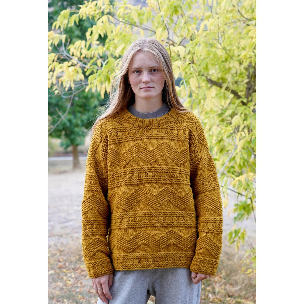 Front view of the mustard sweater's zigzag-textured panels — Anslie Sweater, Lisa F C611.