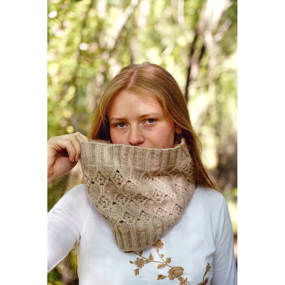 Close-up of the pale cowl's lace texture and ribbed edge — Serenity Cowl, Lisa F HC68.