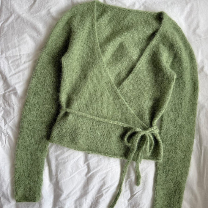 Lucy Wrap Knitting Pattern, green mohair wrap blouse with long sleeves, crossed front and waist ties