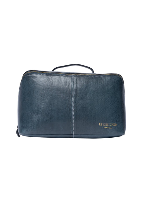 Sapphire blue handcrafted leather knitting project bag with dedicated tool sections and pockets