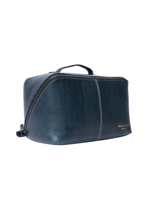 Sapphire blue leather knitting project bag with compartments for tools and accessories