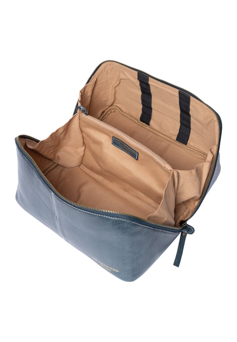 Sapphire blue leather knitting project bag with organized pockets for tools