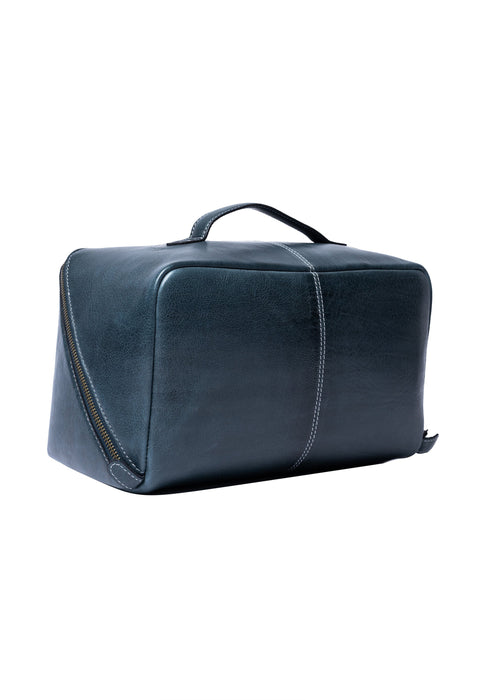 Sapphire blue leather knitting project bag with organized compartments and handcrafted design
