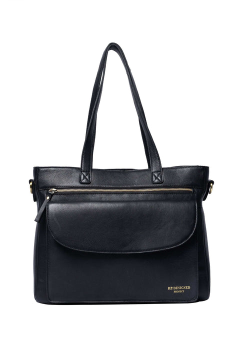 Project 138 Knitting black leather project bag with front and interior pockets and shoulder straps
