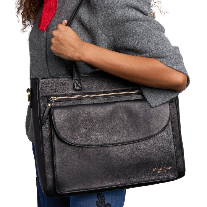 Project 138 Knitting black leather project bag with multiple pockets and shoulder straps