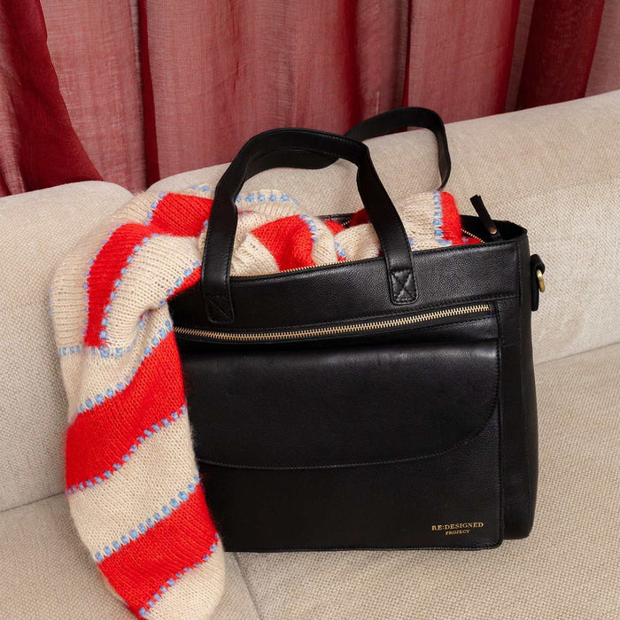 Black Project 138 Knitting project bag with leather texture and multiple pockets