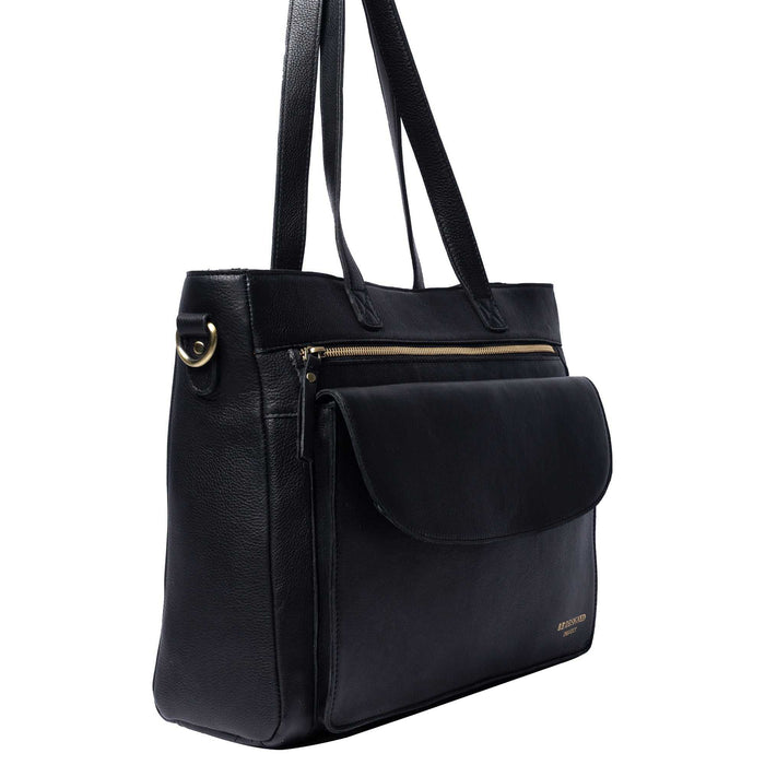 Project 138 Knitting black leather project bag with front and interior pockets and shoulder straps
