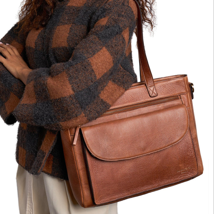 Project 138 Knitting Project Bag in walnut leather with front and interior pockets and shoulder straps