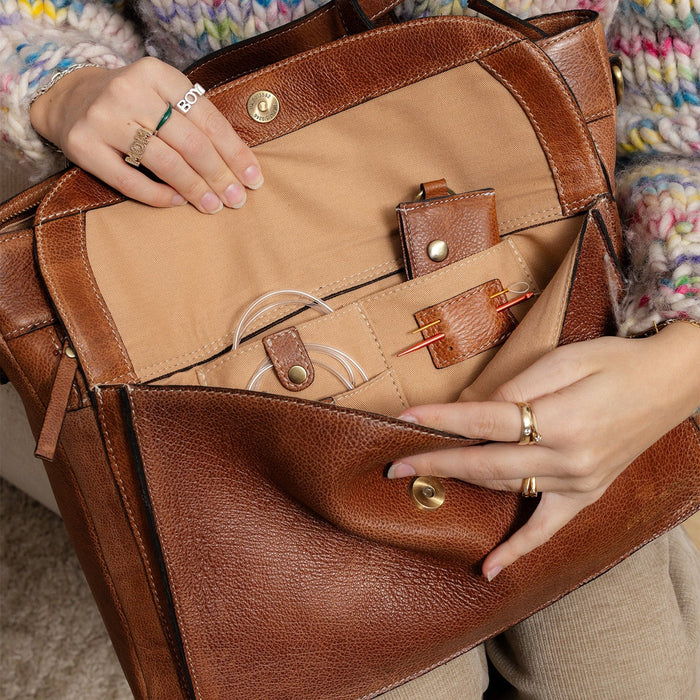 Project 138 Knitting Project Bag in walnut leather with front and interior pockets and shoulder straps